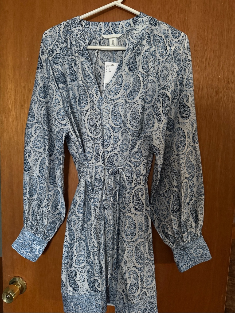 H&M Blue Paisley Long-Sleeve Drawstring Dress